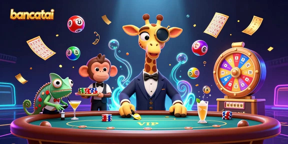 bancatai showcases a vibrant 3D scene with a giraffe at a poker table, embodying luxury and excitement.