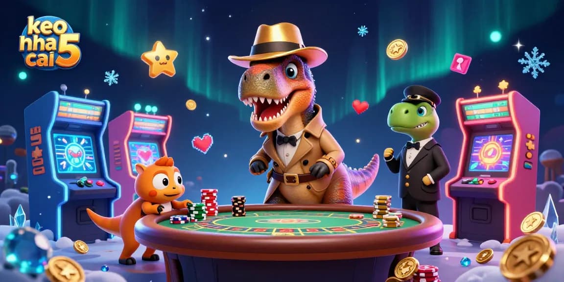 Engage in thrilling action with keo nha cai 5 where a velociraptor card counter, a suspicious stegosaurus pit boss, and a tiny compy pickpocket blend into a colorful casino scene.