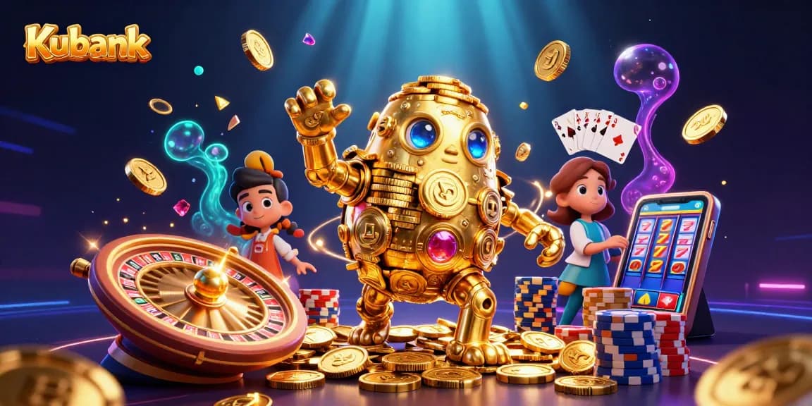 Kubank captures the excitement of casino gaming with vibrant slot machine elements and colorful chips in a dynamic scene.