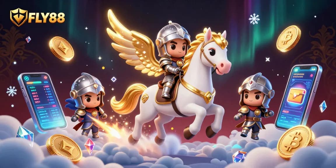 Experience thrilling gameplay with FLY88, featuring a celestial knight and crypto coins in a vibrant casino scene.
