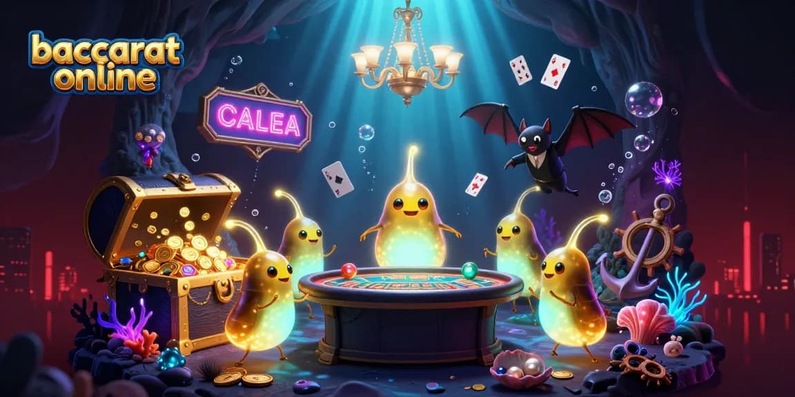 Baccarat online players enjoying a vibrant cave casino scene filled with glowworms and treasure.