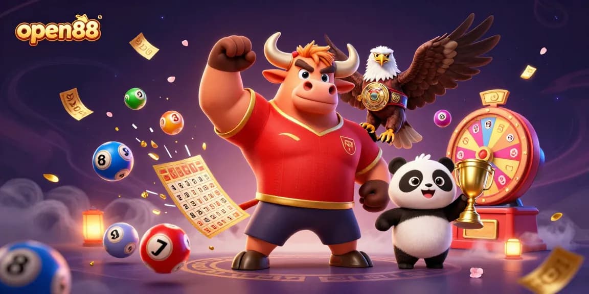 Engage with open88's thrilling experience as a bull mascot celebrates alongside an eagle and a panda amidst vibrant casino elements.