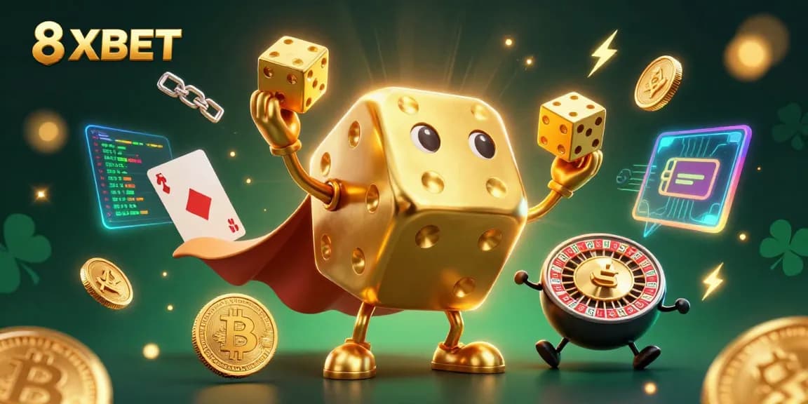 Experience the thrilling world of 8XBET with massive golden dice characters in an immersive casino scene.