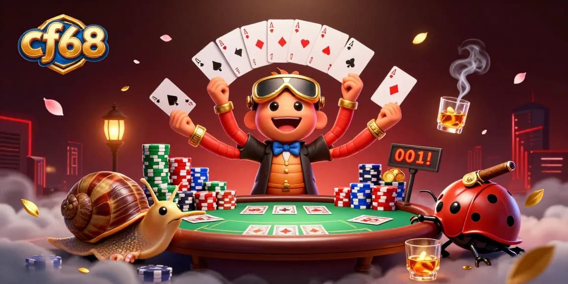 Experience the excitement of cf68 with a cartoon casino scene featuring a millipede dealer and exciting game elements.