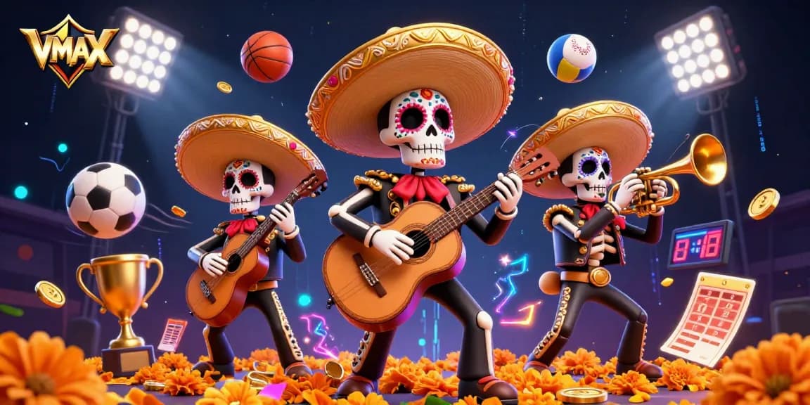 Engage with VMAX in this vibrant illustration of a mariachi band amidst dynamic gambling elements.