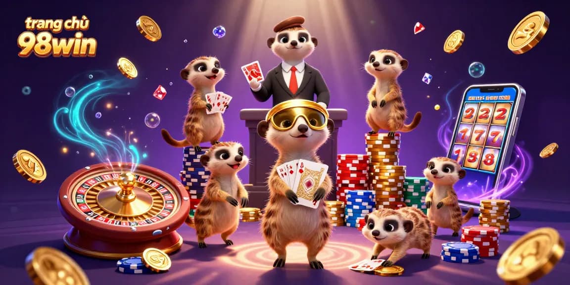 Engaging scene of the trang chủ 98win casino with meerkats managing games and flying chips.