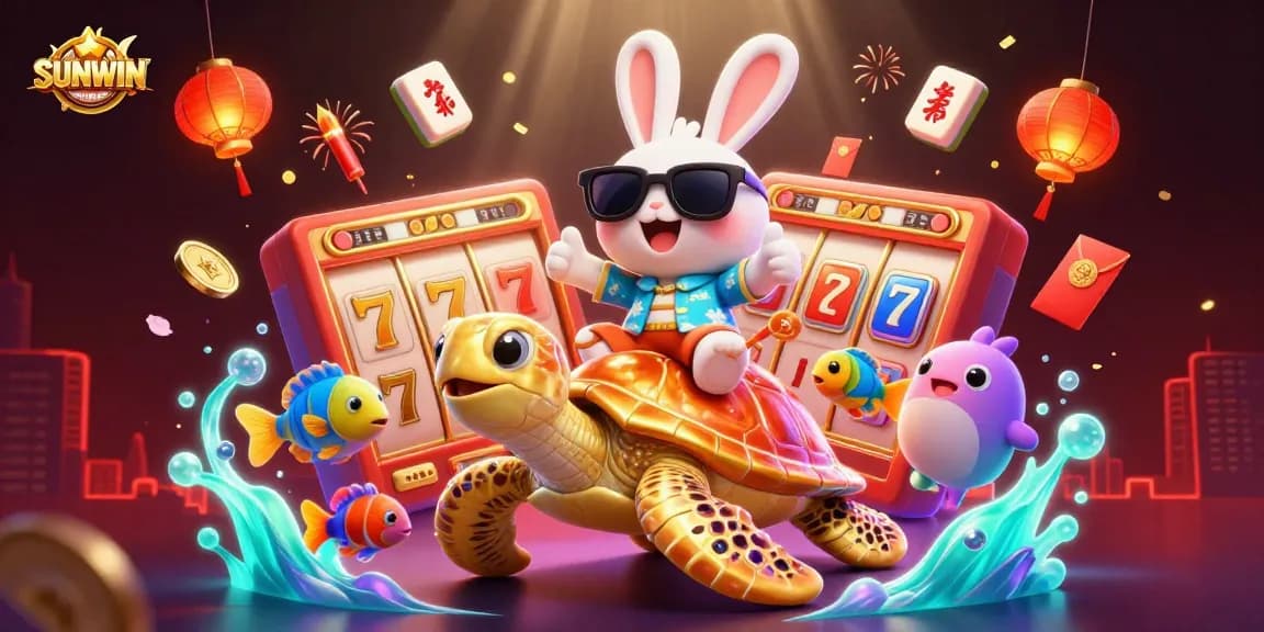 SUNWIN players enjoying vibrant slot games with lucky rabbit and turtle in dynamic casino scene