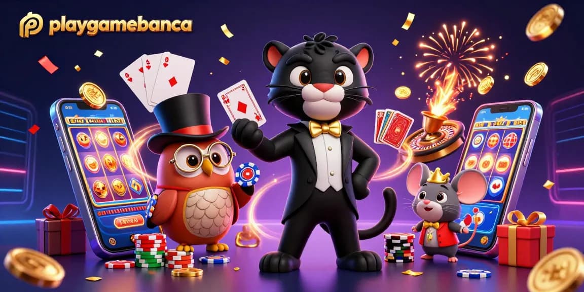 Engage in thrilling gameplay with playgamebanca's cartoon panther, owl, and mouse at a lively casino scene.