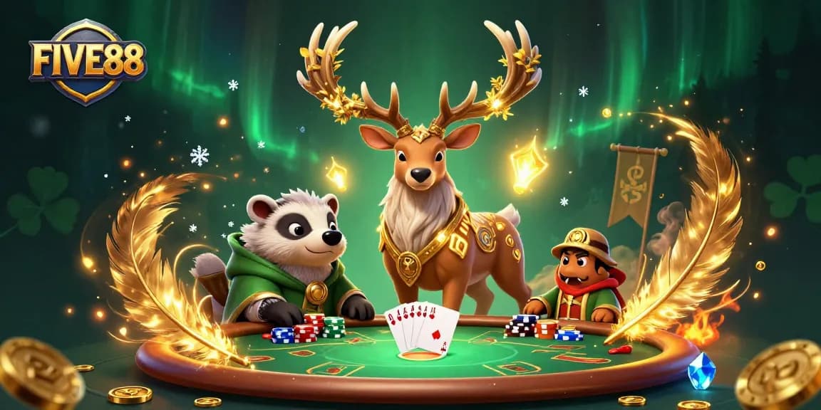 Experience action at FIVE88 with a druid stag and poker elements highlighted in this vibrant illustration.