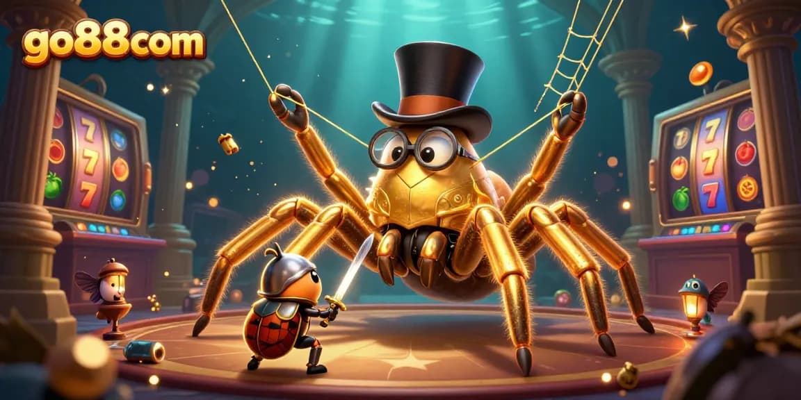 Engage with thrilling games at go88com, featuring a cartoon tarantula and beetle knight in a dynamic casino scene.