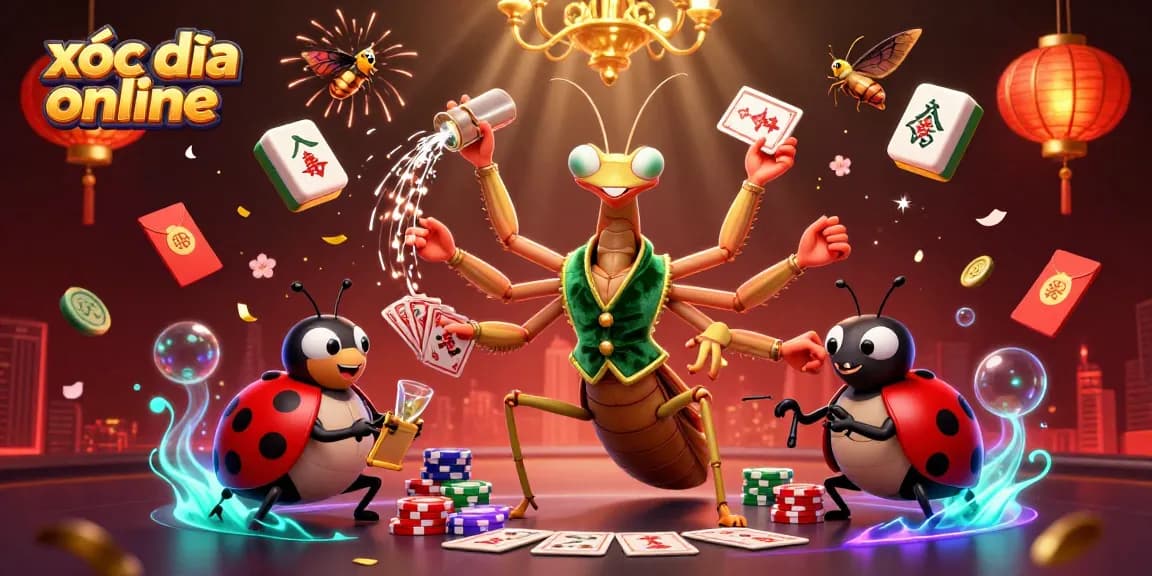 Engaging scene of xóc đĩa online with a giant praying mantis card sharp and ladybug pit boss amidst vibrant casino elements.
