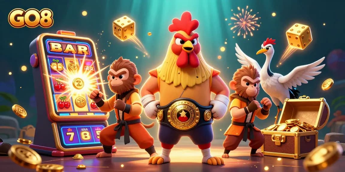 Experience thrilling casino action with GO8's vibrant characters and jackpot excitement.