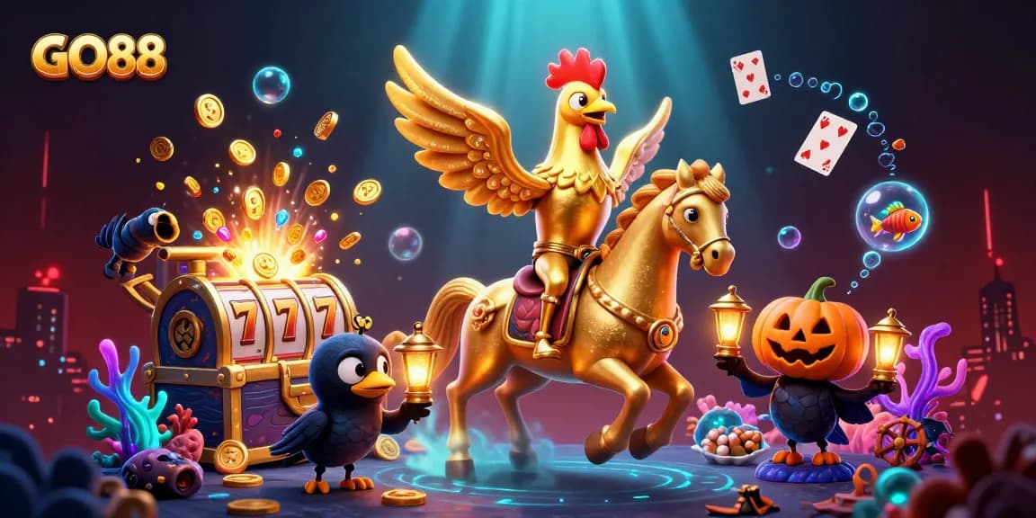 Experience thrilling gaming action at GO88 with golden roosters and vibrant casino elements.