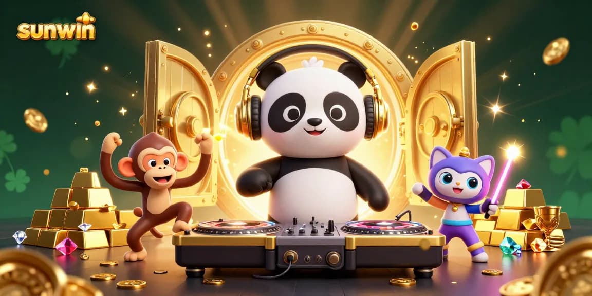 Spin to win with sunwin in a vibrant casino scene featuring a DJ panda and jewels.
