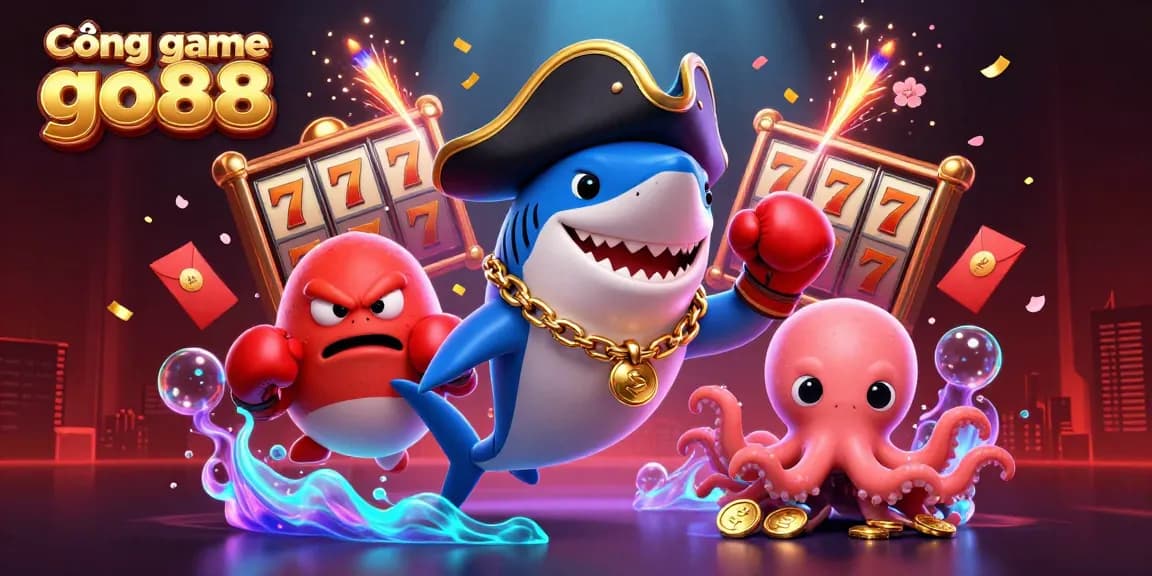 Cổng game go88 showcases an exciting 3D casino scene with a shark, pufferfish, and octopus, celebrating big wins.