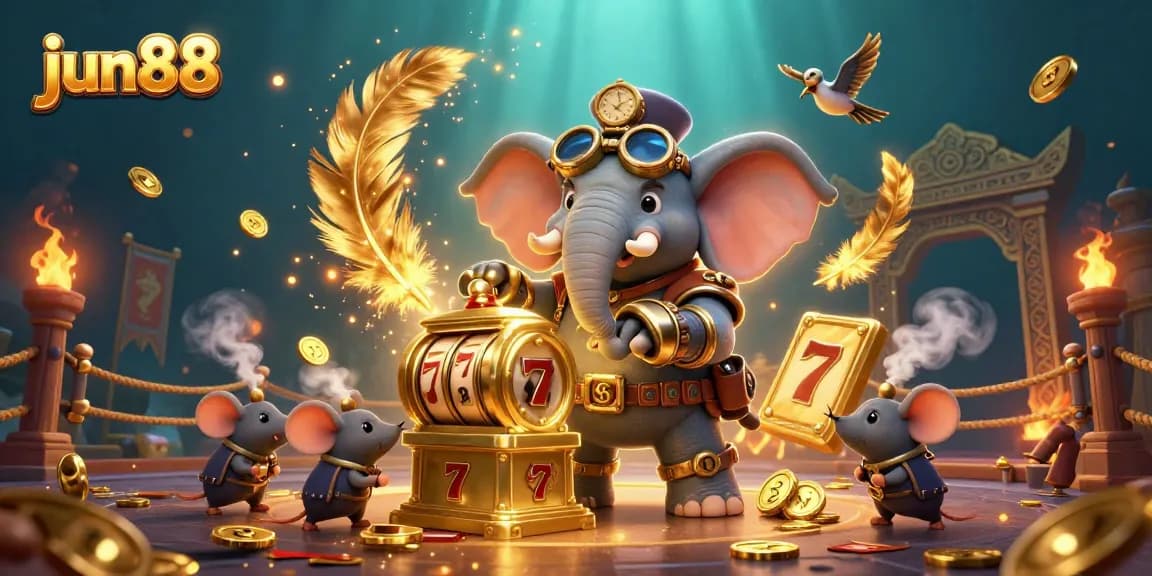 Experience thrilling adventures at jun88 with a steampunk elephant operating a golden slot machine amidst gold coins and dynamic betting elements.