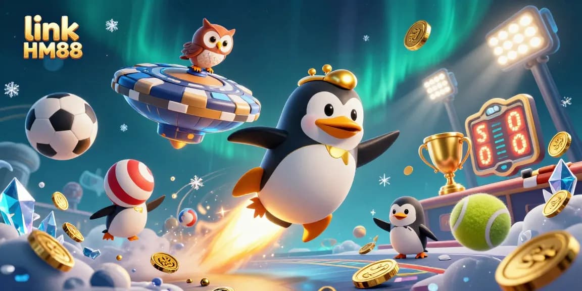 Plunge into gaming with link HM88 as the golden penguin jets toward a cosmic casino!