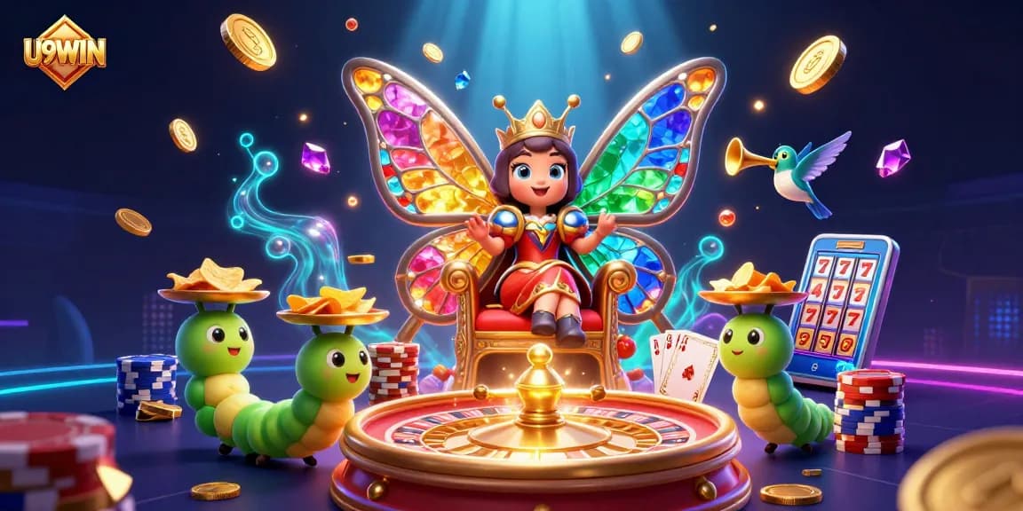 Engage with U9WIN's vibrant casino world featuring a butterfly queen and golden coins.