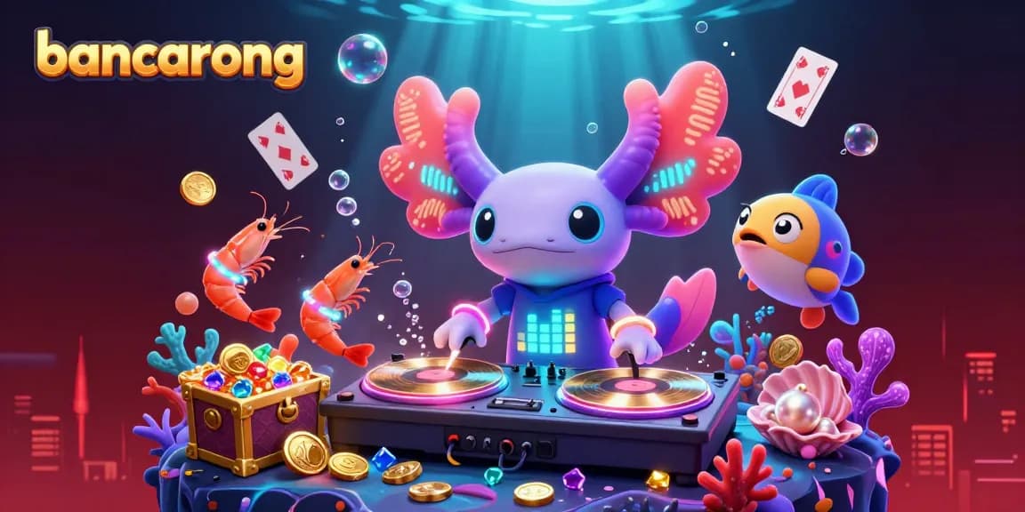 Bancarong bursts with excitement as a vibrant axolotl DJ spins records surrounded by lively sea creatures.