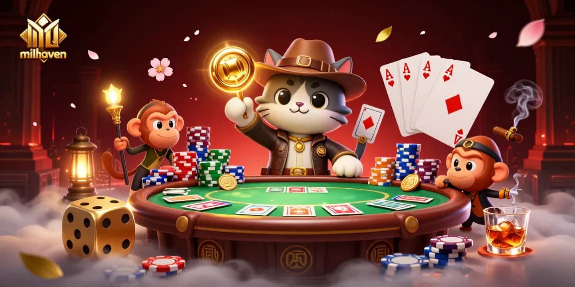 Play exciting casino games with milhaven through an adventurous scene with a treasure-hunting cat and monkey.