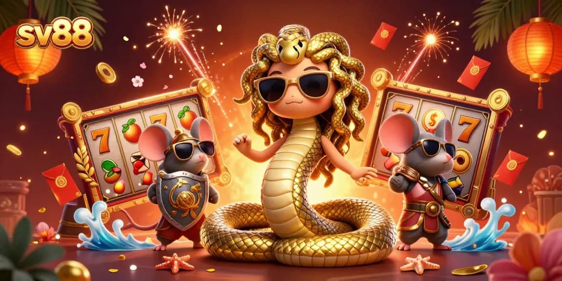 Experience sv88's exciting slot games with a lively scene depicting Medusa and a warrior mouse.