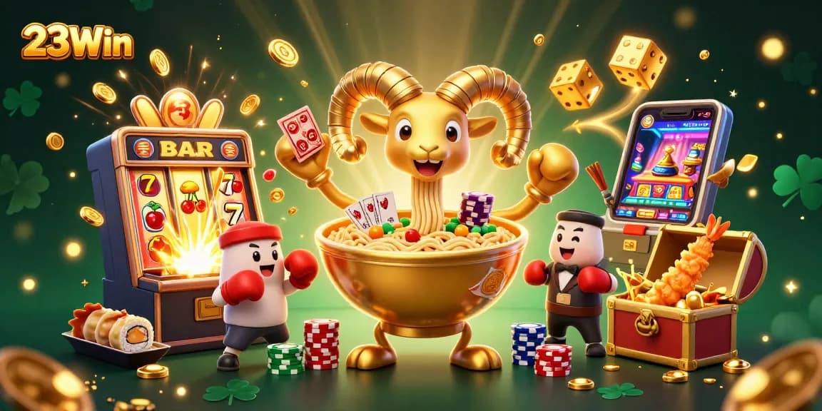 Engage in thrilling gameplay at 23Win with a vibrant 3D casino scene featuring colorful characters and exciting game elements.