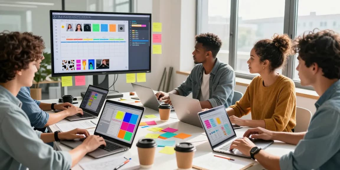 Diverse team collaborating on a digital mix board, showcasing vibrant templates and brainstorming tools in an energetic workspace.