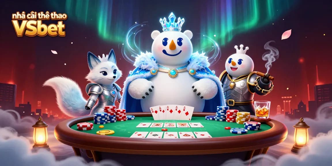 Engaging scene featuring nhà cái thể thao VSbet with a cartoon ice king polar bear and companion at a poker table.