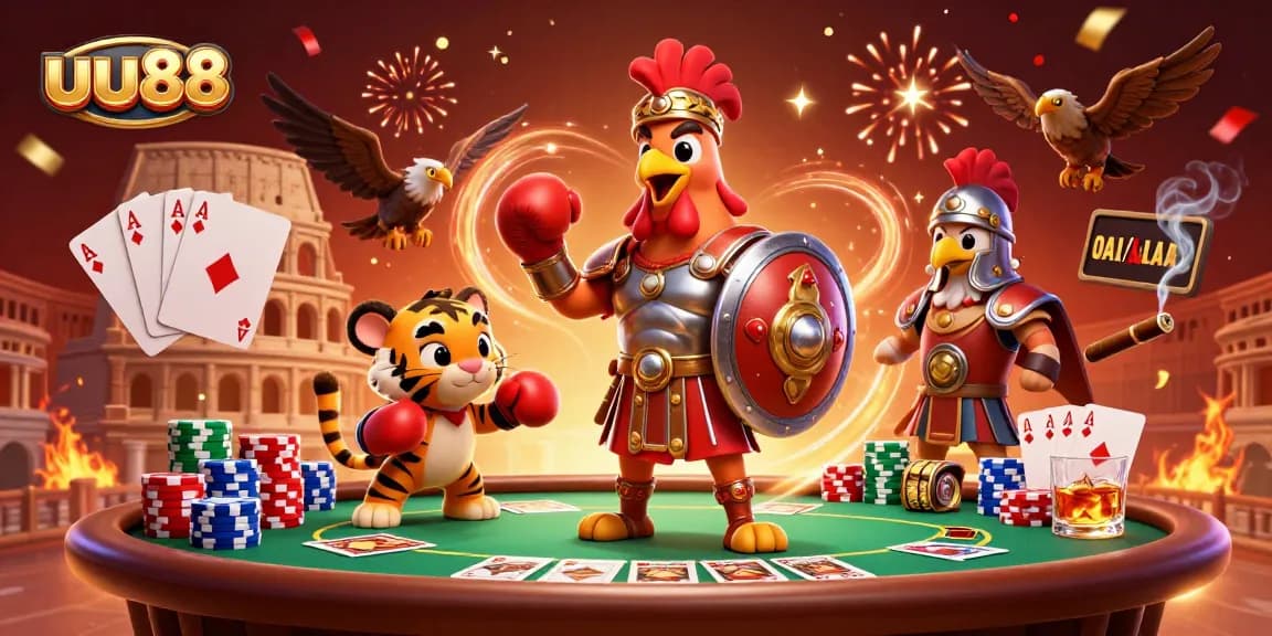 Experience thrilling gambling excitement with uu88's vibrant casino illustration featuring iconic characters and poker elements.
