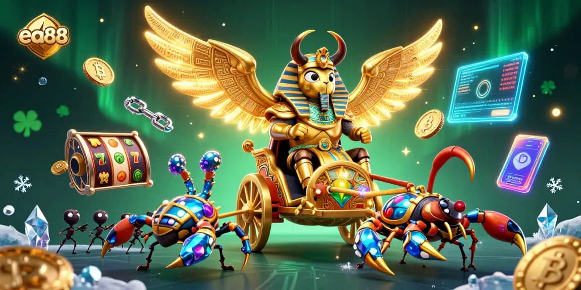 Engage with the vibrant ea88 casino scene featuring a golden scarab beetle and slot elements.