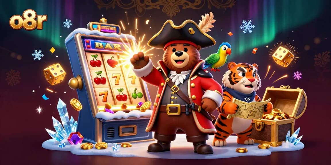 Engage with o8r's vibrant casino magic, showcasing dynamic slot bursts and joyful characters.