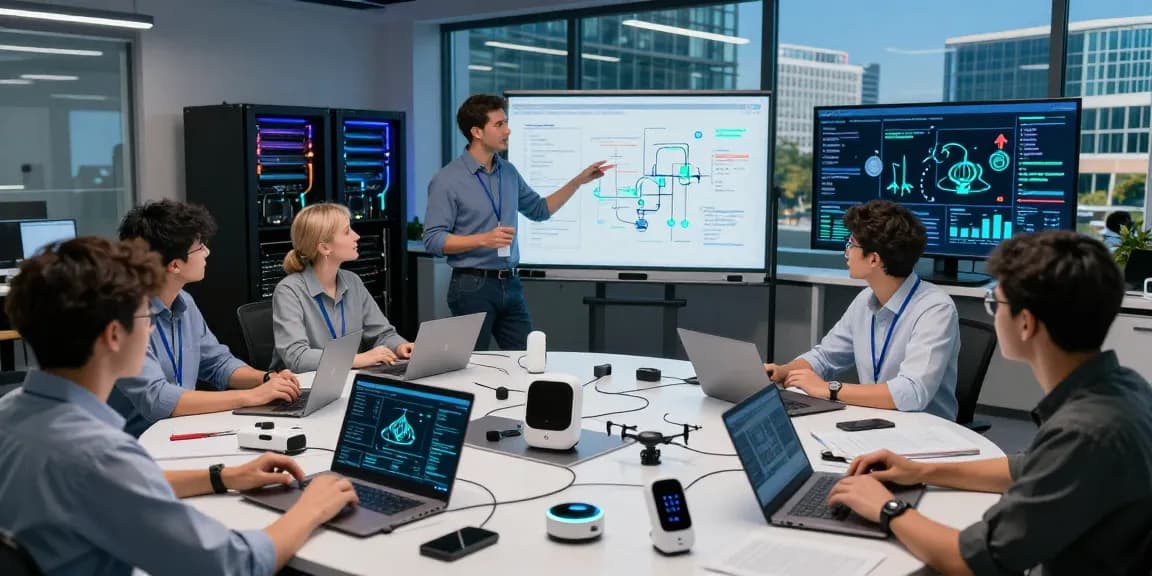 Engineers collaborating on edge computing projects, showcasing innovative technology and teamwork.