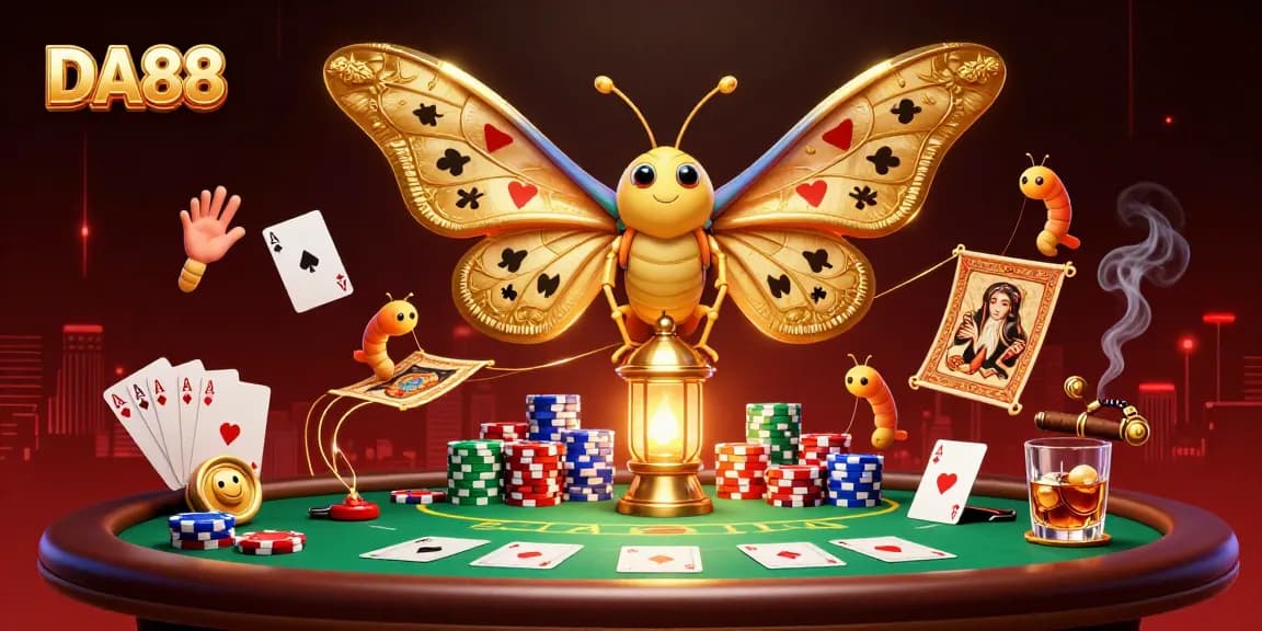 Engage in thrilling gameplay with DA88’s golden casino scenes illuminated by a vibrant moth illustration.
