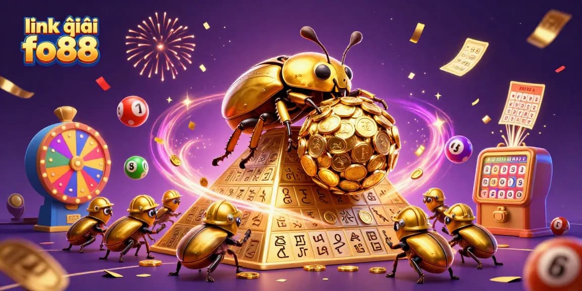 Engage with link vào fo88 as a massive golden beetle rolls coins, filled with colorful lottery elements.