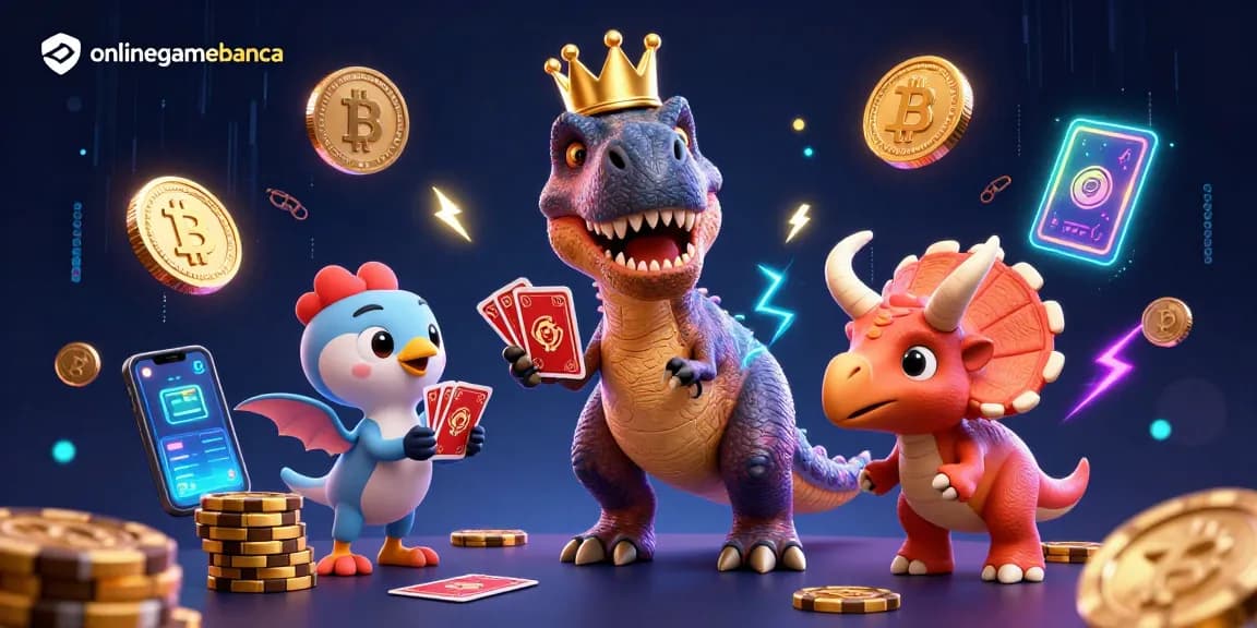 Experience thrilling gameplay at onlinegamebanca with a cartoon T-Rex card shuffling and gold chips stacking
