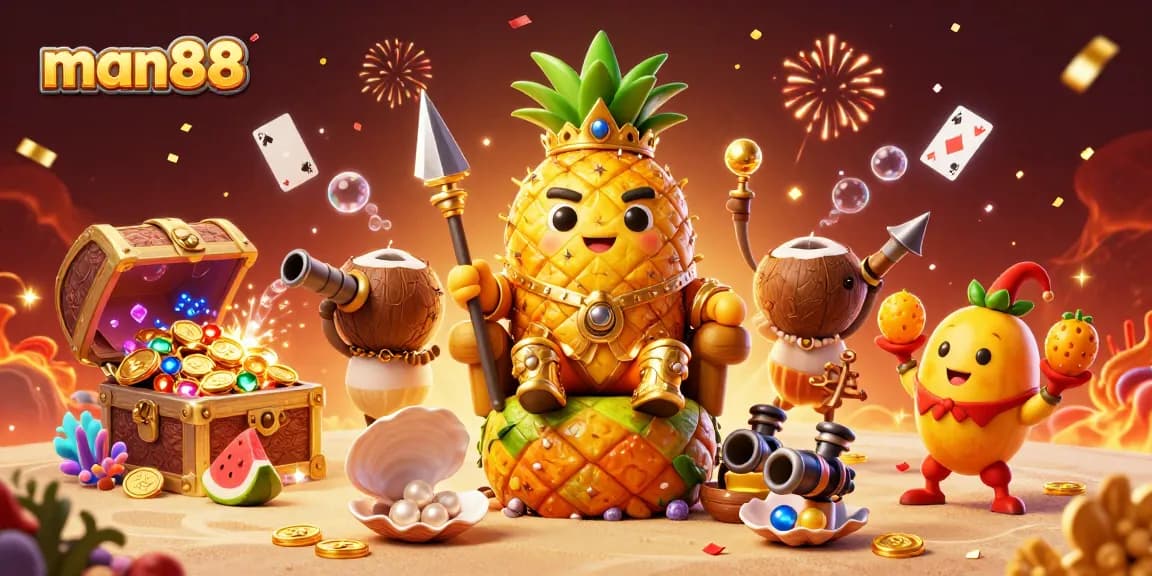 Experience thrilling wins at man88 with a golden pineapple king ruling a vibrant casino scene.