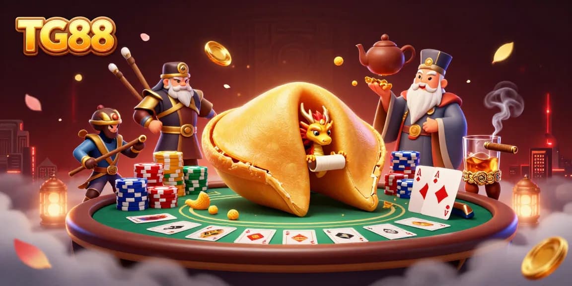 Experience thrilling gameplay at TG88 with dragon guardians and golden treasures around a vibrant poker scene.