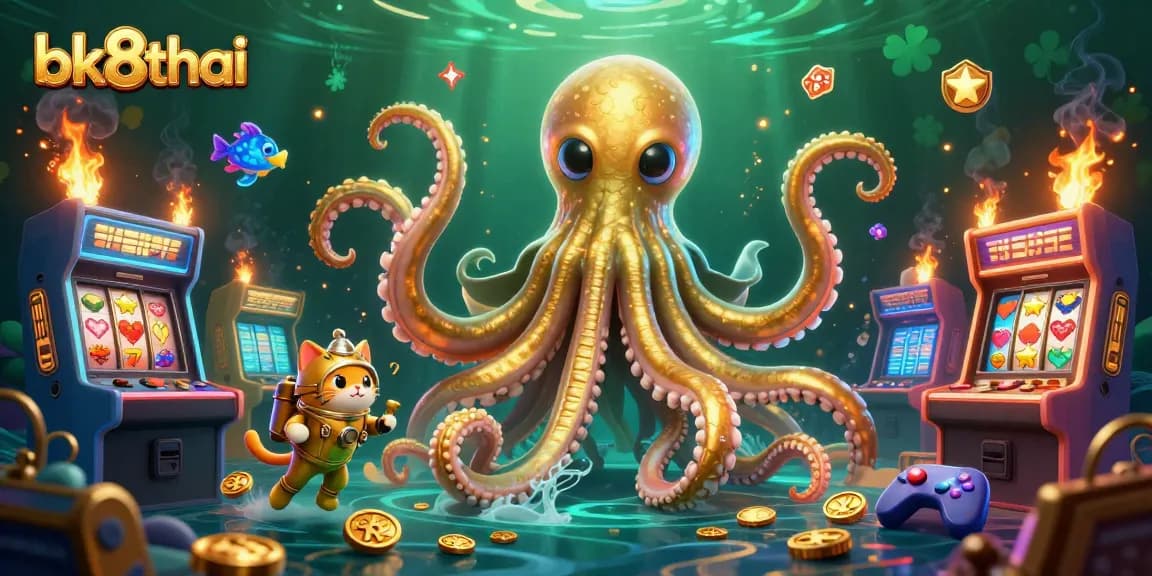 Engage with bk8thai's 3D casino adventure, featuring a kraken, diving cat, and vibrant arcade elements.