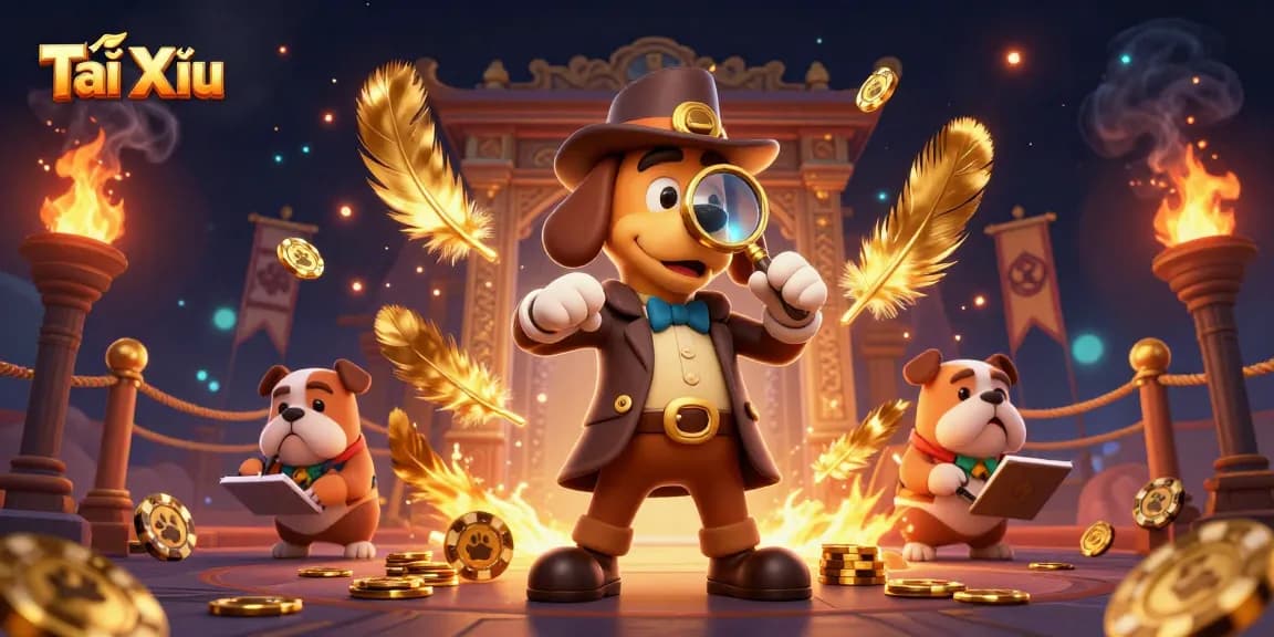 Tài Xỉu gameplay depicted with a cartoon detective uncovering secrets amidst vibrant casino elements.