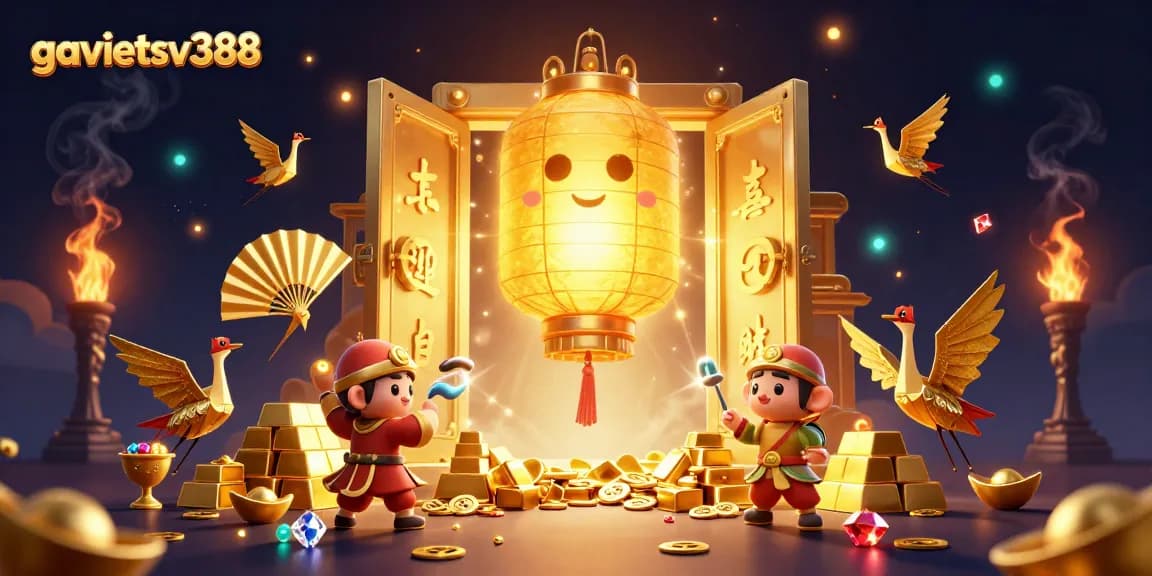 Experience thrilling gameplay at gavietsv388 with golden treasures and lucky symbols in an enchanting illustration.