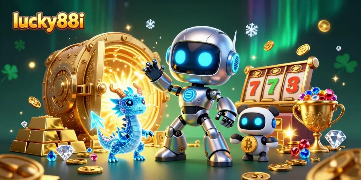Experience lucky88i's vibrant casino simulation with a futuristic robot and treasure elements.