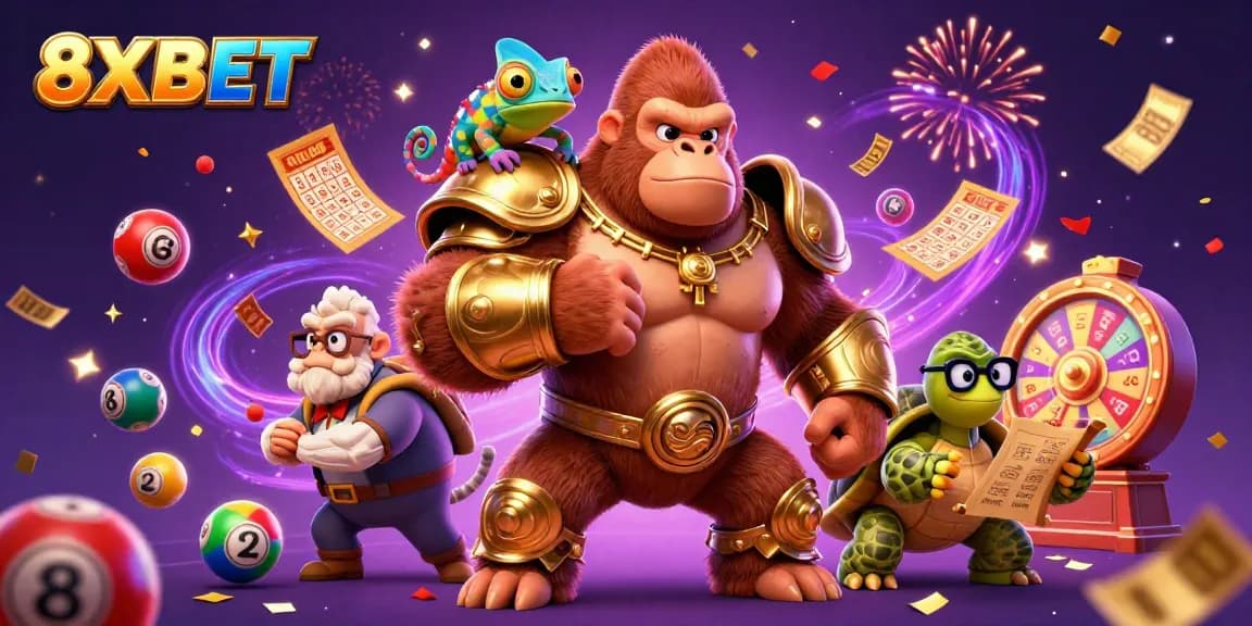 Engage with 8XBET's dynamic casino experience featuring vibrant lottery themes and lively characters.