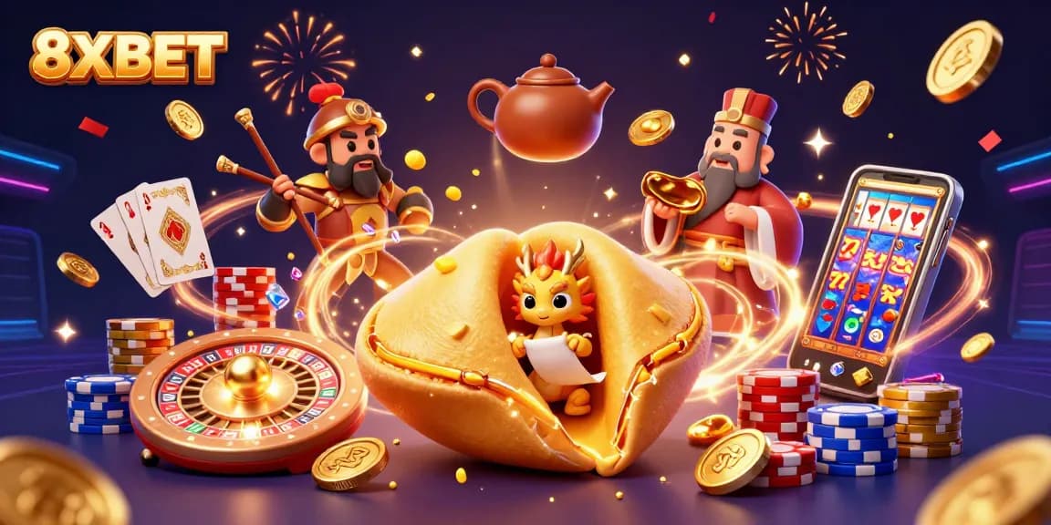 8XBET offers exhilarating betting with a vibrant casino illustration showcasing fortune and winning vibes.