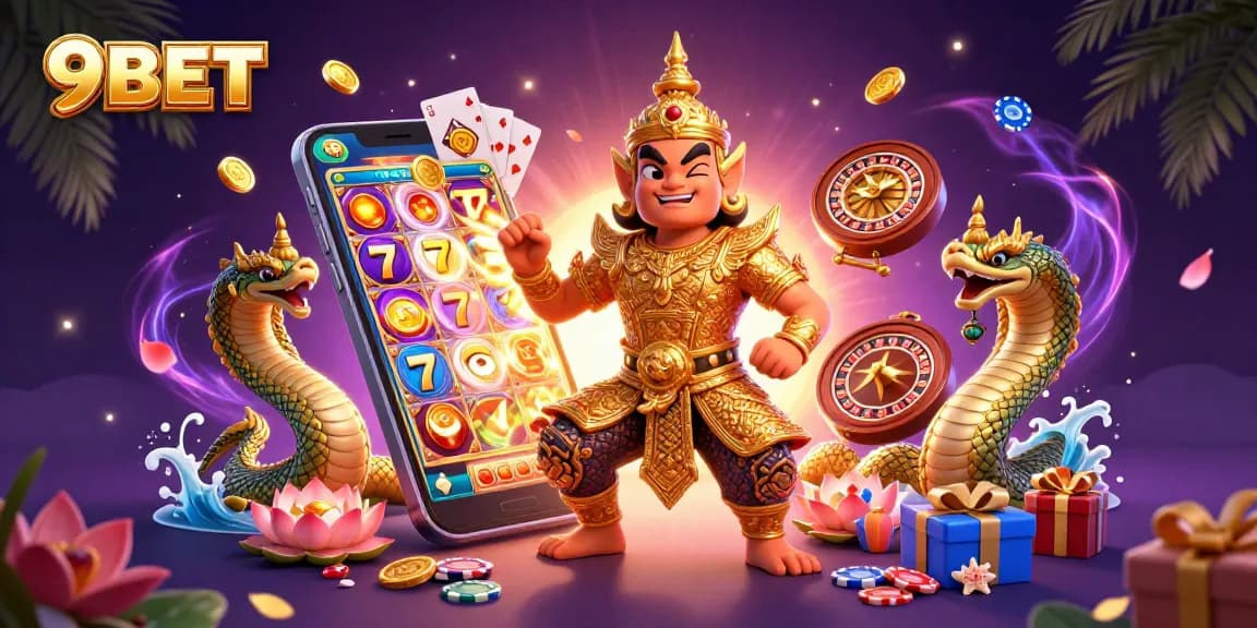 Experience exciting action with 9BET's vibrant 3D casino scene featuring games and treasures.