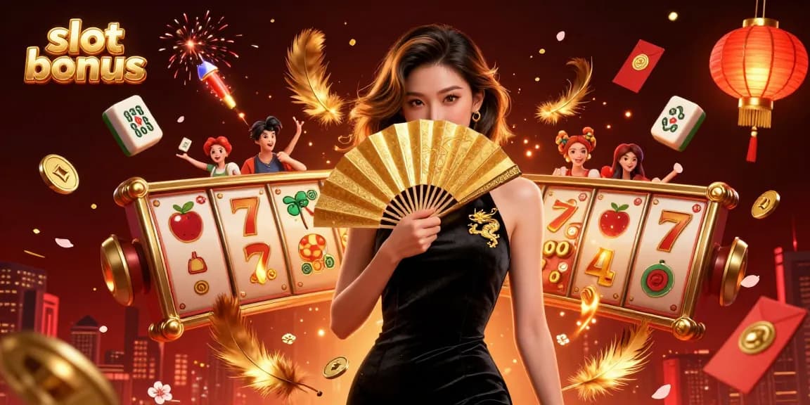 Experience thrilling slot bonuses with a captivating Asian woman amidst vibrant symbols and festive elements.
