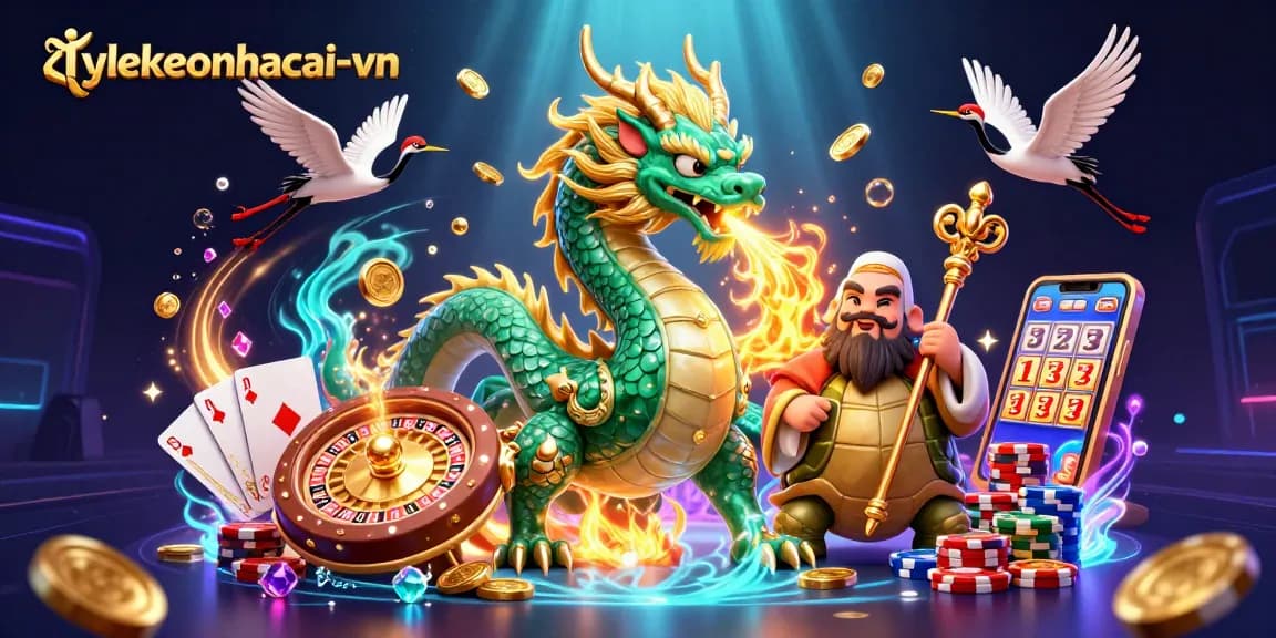 Engaging illustration of tylekeonhacai-vn showcasing a dragon, wise sage, and lucky cranes amidst casino excitement.