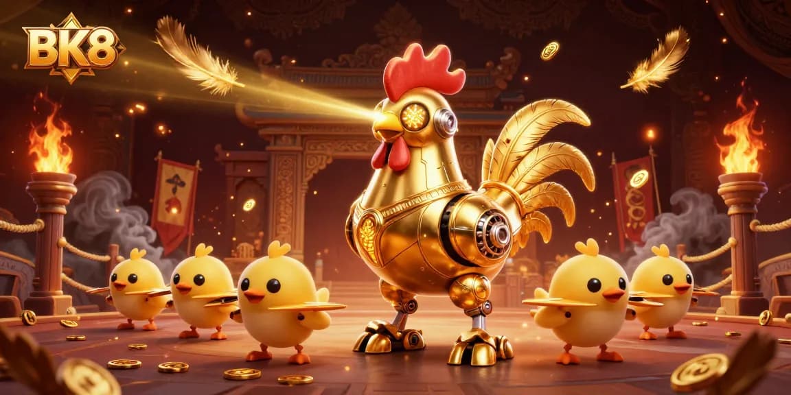 Engage with BK8's immersive gaming experience showcasing the golden rooster robot and baby chick drones.
