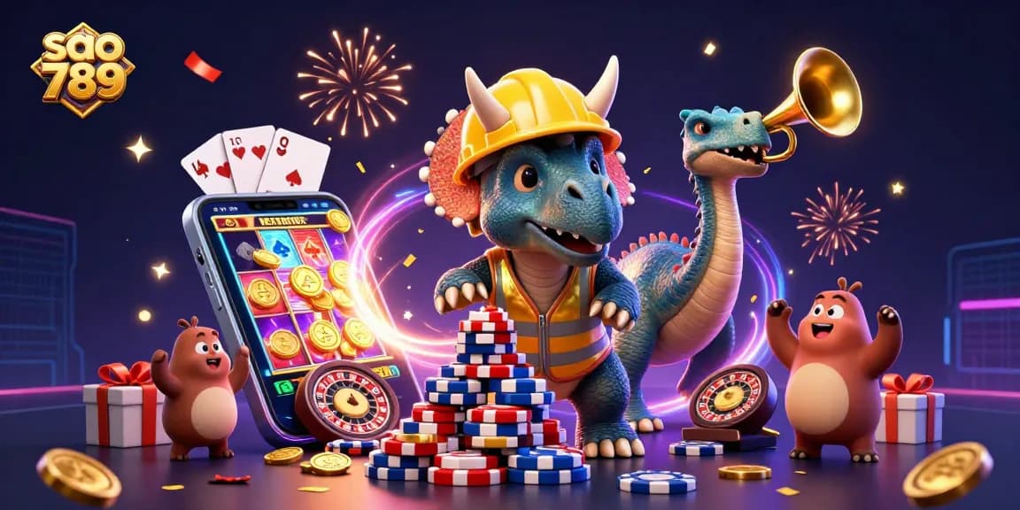 Engage in thrilling fun with sao 789 as a triceratops builds poker chips amid festive celebration.