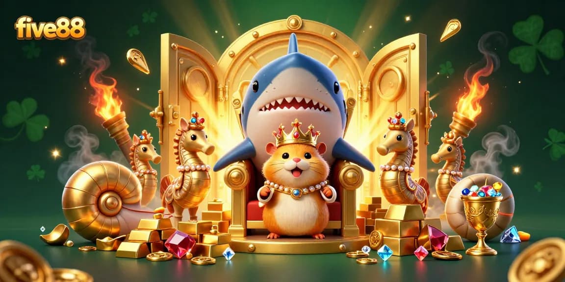Experience five88’s casino adventure with a golden hamster king and treasure in a vibrant 3D scene.