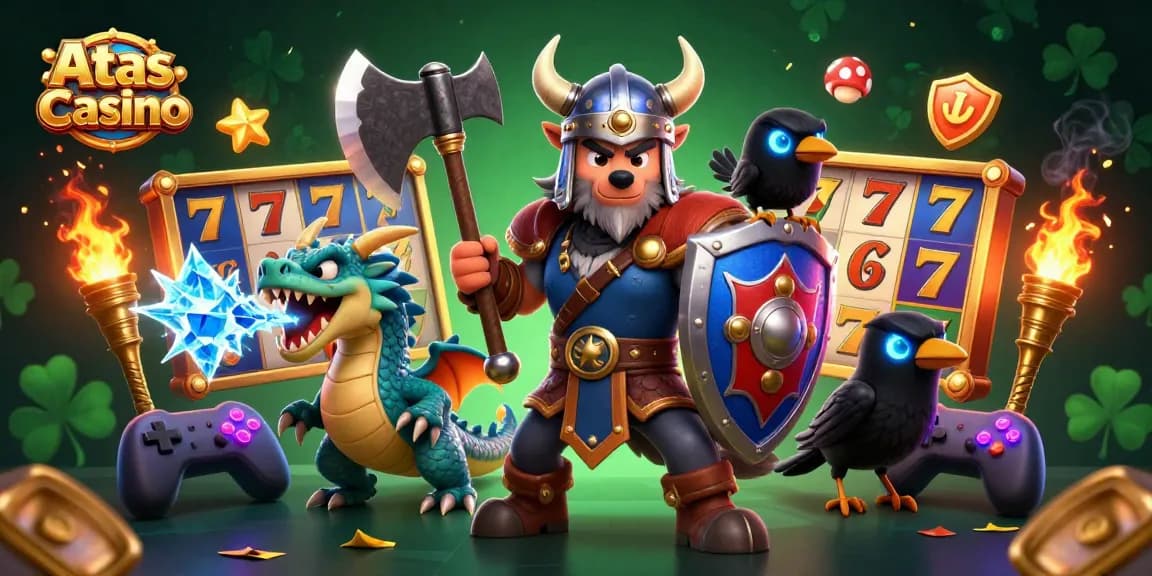 Experience thrilling gameplay at Atas Casino with a Viking warrior, dragon, and arcade elements in a vibrant 3D scene.